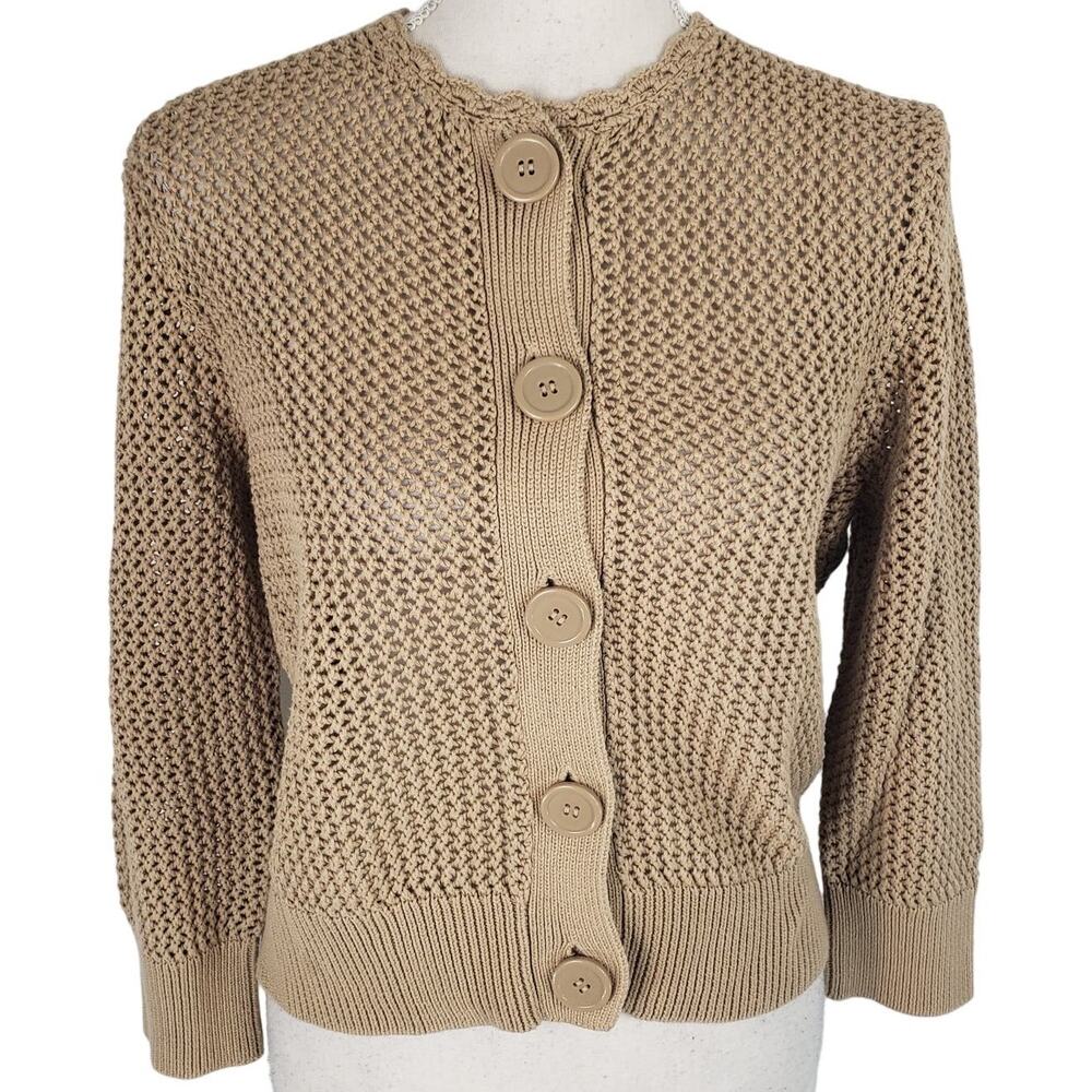Pointelle Tan Button Up Open Mesh Knit Long Sleeve Crochet Neck Crop Cardigan XL